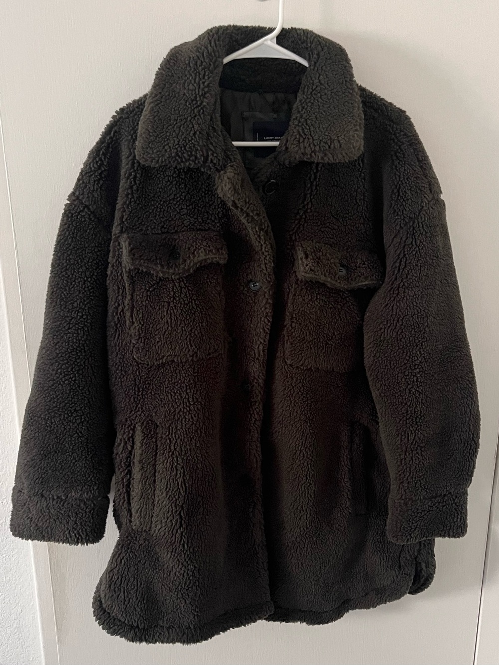 Lucky Brand Teddy Jacket Faux Fur Buttons Front Pockets Size Large Green